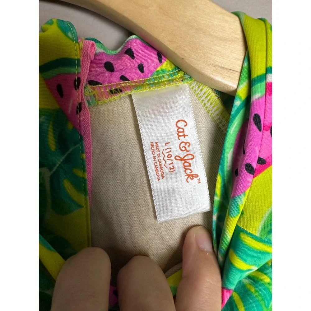 Cat & Jack Girls Watermelon Tropical Rash Guard One Piece Swimsuit Green L 10/12